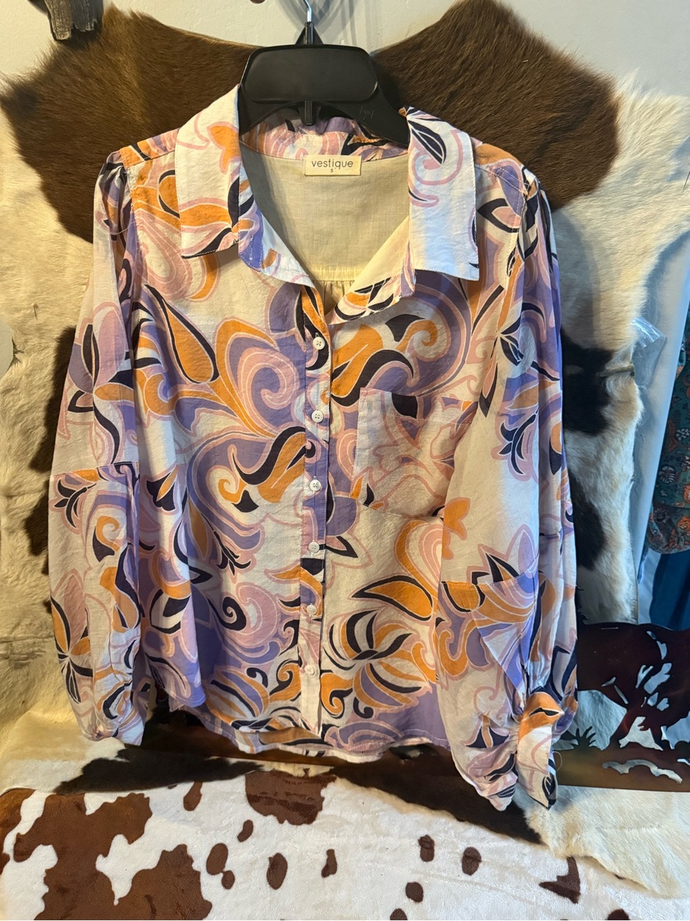 vestique Swirl-Print Button-Down Blouse in Purple and Orange